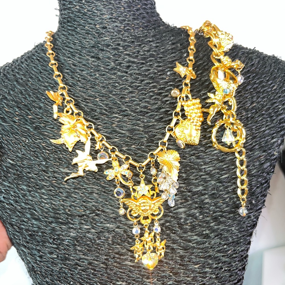 KIRKS FOLLY Vintage Gold Fairy Charm Necklace Bracelet and Earring Set